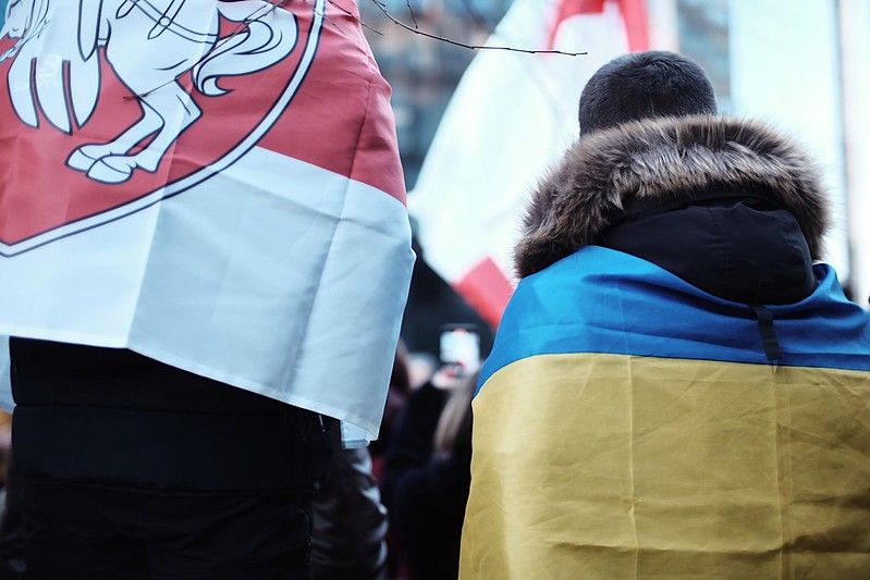Ukrainian diaspora in Brussels protests the Russian invasion Białoruś protest