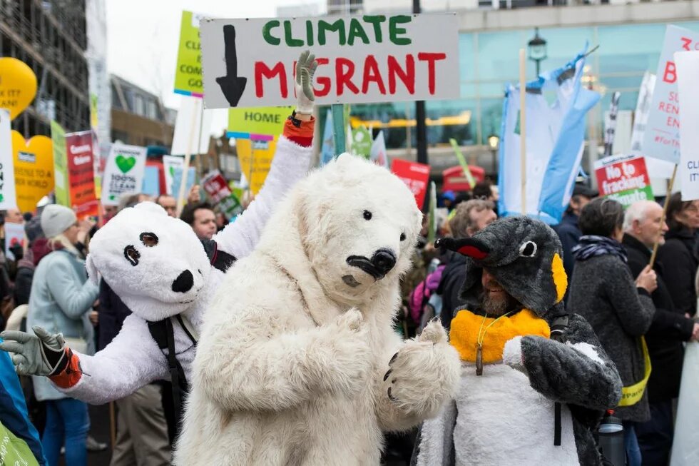 Climate change march Demonstrators dressed as dog, polar bear and penguin