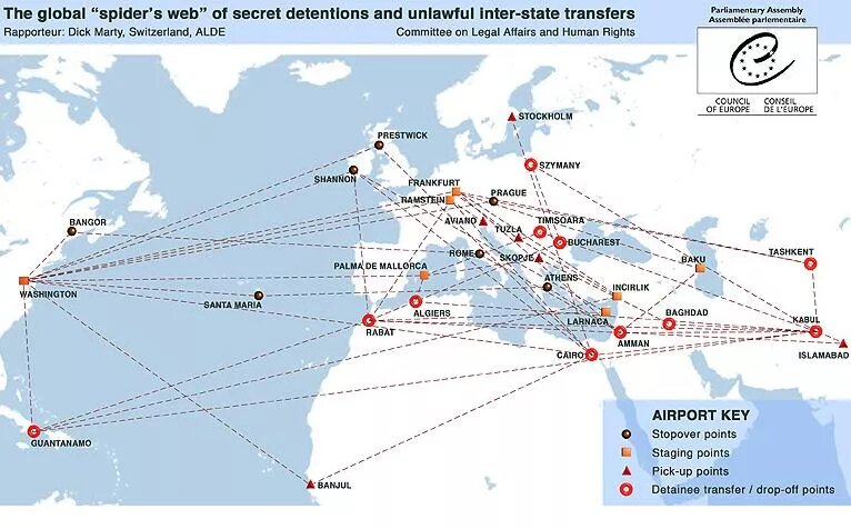 Council of Europe map of alleged secret prison sites and flight paths of 'extraordinary rendition' missions Council of Europe map of alleged secret prison sites and flight paths of 'extraordinary rendition' missions