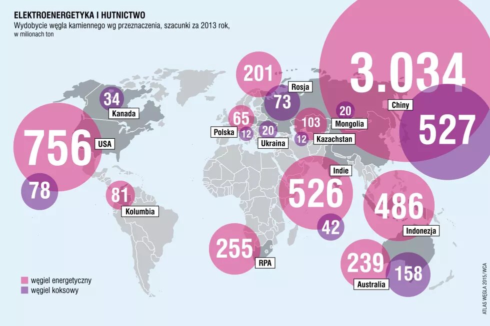 Wydobycie węgla według przeznaczenia, szacunki za rok 2013, w milionach ton