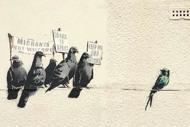Banksy Clacton-on-Sea mural. "Migrants not welcome! Go back to Africa! Keep off our worms!" Banksy Clacton-on-Sea mural. "Migrants not welcome! Go back to Africa! Keep off our worms!"