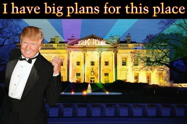 Donald Trump na tle Białego Domu z namisem "Mam wielkie plany wobec tego  miejsca"